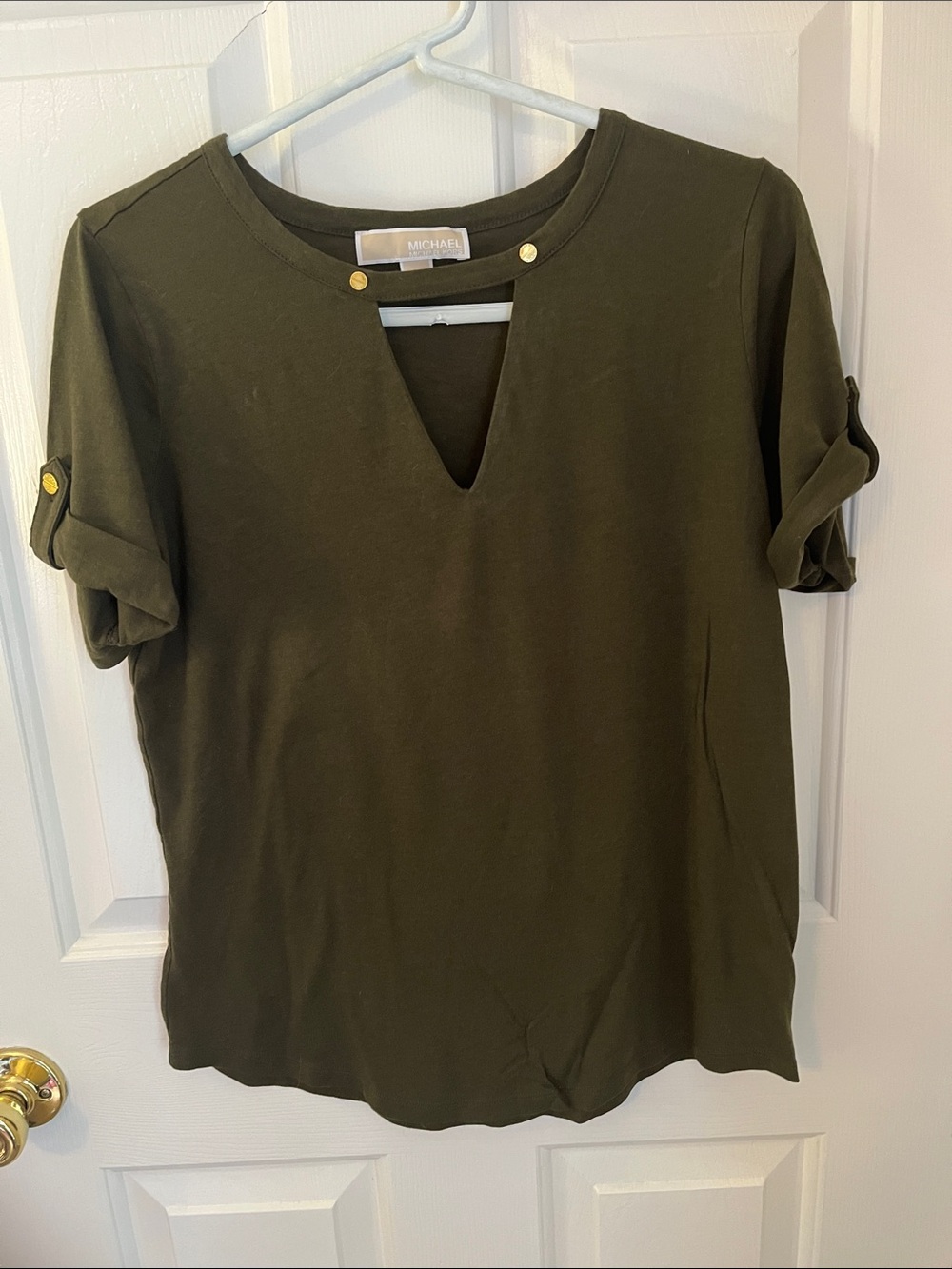 Michael Kors Olive Short Sleeve Notch-Neck Top with Gold Accents